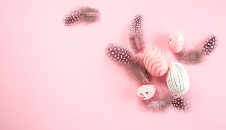 Banner. Easter eggs and feathers on a pink background. Long banner format. top view.の写真素材