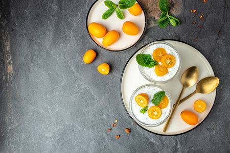 Kumquat chia pudding yogurt. healthy breakfast. superfood concept. Healthy, clean eating. Vegan or gluten free diet.の写真素材