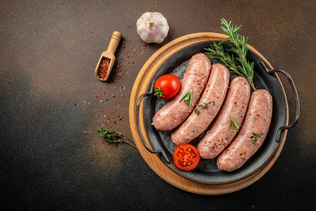 raw butchers sausages in skins with spices, tomatoes and herbs. banner, menu, recipe place for text, top view.の写真素材