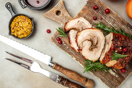 Roasted pork roll stuffed with cranberry berries on a light background. Restaurant menu, dieting, cookbook recipe top view.の写真素材