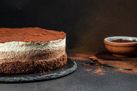 Freshly made delicious chocolate cake on a dark background. banner, menu, recipe place for text.の写真素材