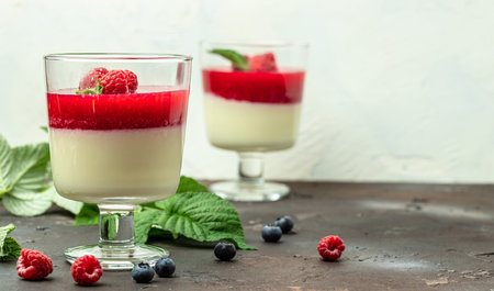 Italian dessert. Raspberry Panna cotta with raspberry jelly on a light background. Berry dessert with cream sauce in small jars. Long banner format. place for text.の写真素材