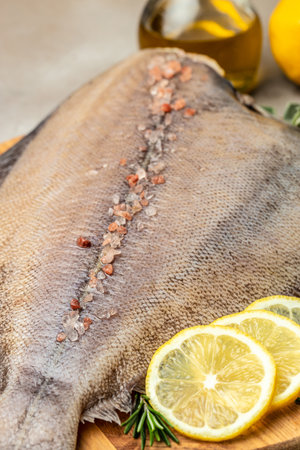 Flounder Fish. Seafood Food recipe background. close up.の写真素材
