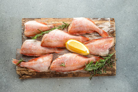 Fresh red snapper with lemon, rosemary, salt on a wooden board. banner, menu, recipe place for text,...