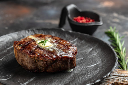 Grilled beef tenderloin steak. Restaurant menu, dieting, cookbook recipe top view.の写真素材