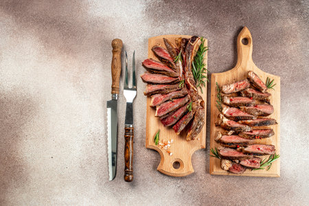 Sliced grilled beef barbecue Striploin steak on a wooden board, Restaurant menu, dieting, cookbook recipe top view,の写真素材
