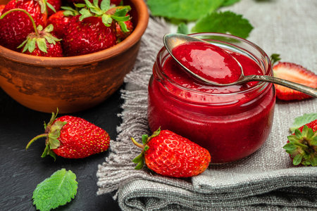 Strawberry jam in the glass jar with a spoon at dark table. top view,の写真素材