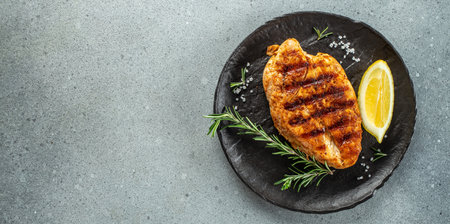 grilled chicken fillet. Healthy fats, clean eating for weight loss. Long banner format. top view.の写真素材