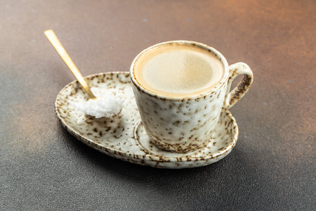 Bulletproof coffee with coconut oil and butter. Healthy fats, clean eating for weight loss. top view. place for text.の写真素材