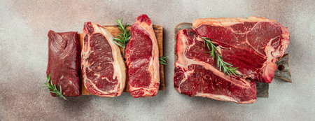 Black angus prime meat set for grilling with fresh herbs, spices. Long banner format. top view.
