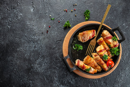 Baked chicken breast wrapped in bacon on a cast-iron frying pan. Concept healthy and balanced eating. place for text, top view.の写真素材