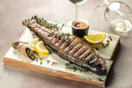 grilled trout with lemon pieces, Food recipe background. close up,