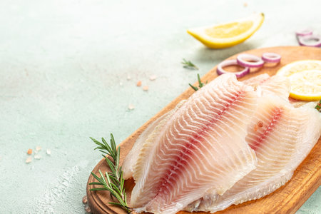 raw fish fillet white Tilapia on a light background. top view.