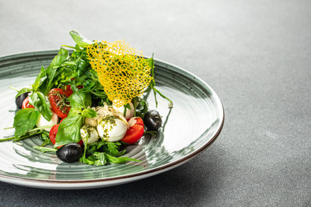 vegetable salad with mozzarella, delicious vegetable salad, organic healthy products. Detox and...