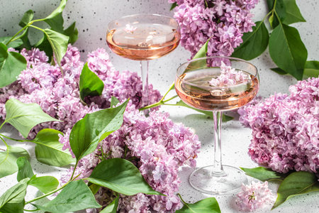 Rose wine in glass and lilac flowers over white background, Summer celebration, wedding greeting card, invitation concept,の写真素材