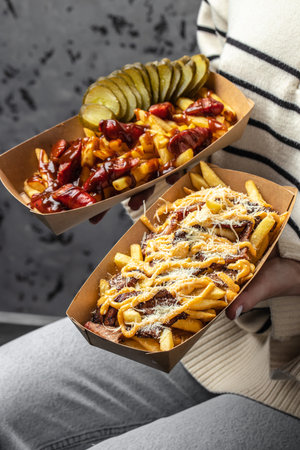 Female hands holding box French fries baked with cheddar cheese, pickle and sausages, Fast food take away. Top view, copy space.の写真素材