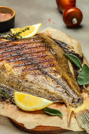 Baked Flounder Fish with herbs and lemon, Delicious balanced food concept, Restaurant menu, dieting,...