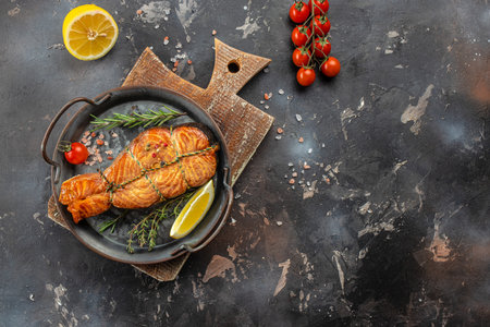 delicious salmon steak with spices and herbs on a dark background, banner, menu, recipe place for...