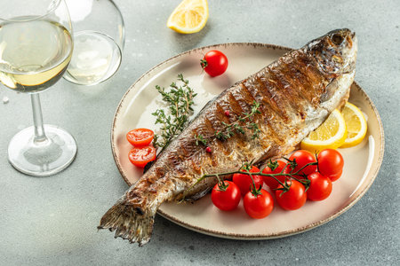 grilled trout fish, Restaurant menu, dieting, cookbook recipe top view,