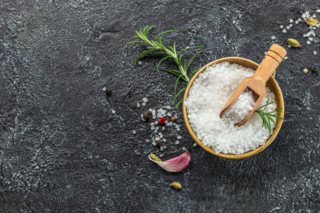 cooking concept with sea salt. banner, menu, recipe place for text, top view.の写真素材