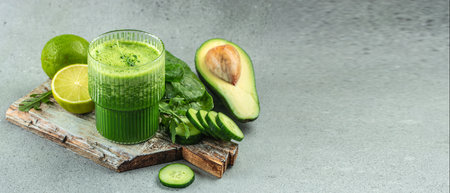 blended green smoothie on a light background. Long banner format. top view.の写真素材