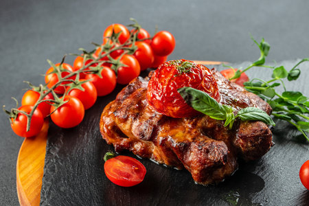 Grilled Beef Steak with tomatoes. organic healthy products. Detox and clean diet concept. place for text, top view.の写真素材