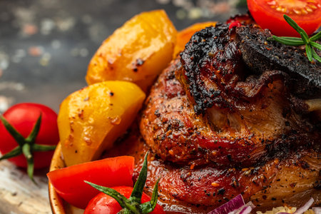 Fried pork chop with potatoes, Pork leg done, German food, Food recipe background.の写真素材