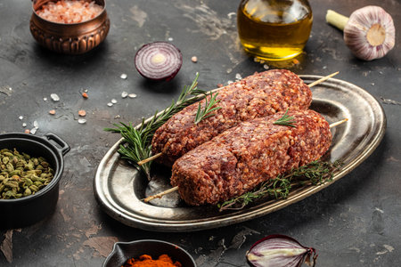 Raw lula kebab, herbs and spices, Turkish and Arabic Traditional Ramadan kebab, place for text, top view,の写真素材