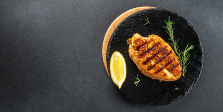 grilled chicken fillet on a dark background. Healthy fats, clean eating for weight loss. Long banner...