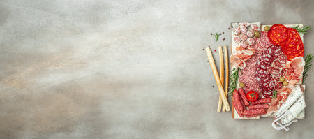 Meat platter appetizers. dry sausages set on a light background. Long banner format. top view.