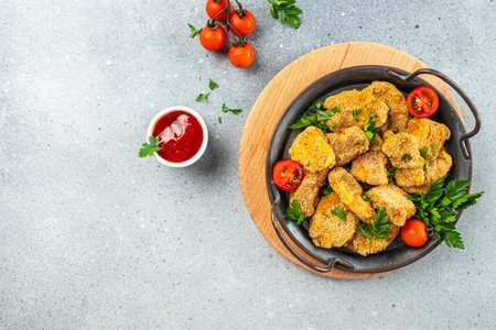 Chicken breast nuggets with sauce. banner, menu, recipe place for text, top view.の写真素材