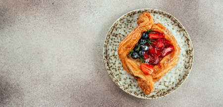 Fresh tasty puff pastry with sweet berries on a light background. Long banner format. top view.の写真素材