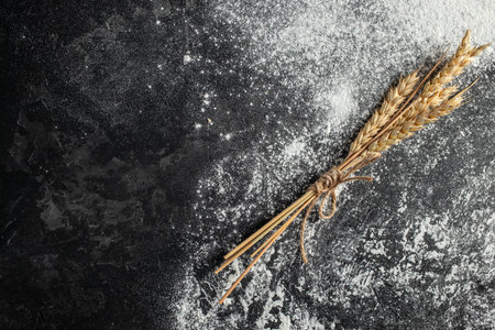 wheat ears on flour surface on a dark background. banner, menu, recipe place for text, top view.の写真素材