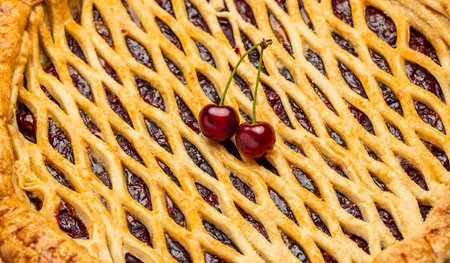American homemade cherry pie, Female hands holding whole homemade cherry pie, banner, menu, recipe...