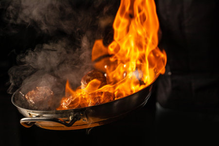 Beef steaks on the grill pan with flames with steaming on a dark background,の写真素材