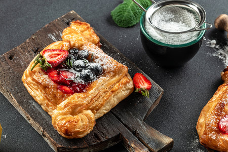 Fresh delicious puff pastry with sweet berries, Food recipe background. close up,の写真素材