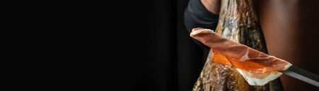 jamon slices, dry italian prosciutto, raw pork ham on a dark background, long banner format,の写真素材