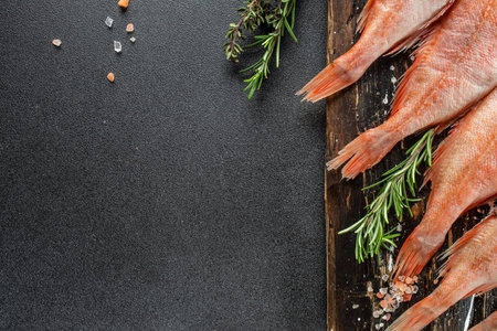 Fish red snapper on a wooden cutting board on a dark background. Healthy food concept. place for...