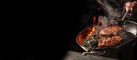 Beef steaks on the grill pan with flames with steaming on a dark background, Long banner format. top view.の写真素材