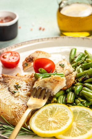 Grilled fish fillet with vegetables. Healthy food concept. place for text, top view.