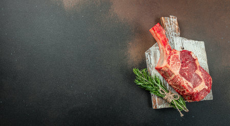 tomahawk steak. Raw beef meat on a wooden board. Long banner format. top view,の写真素材