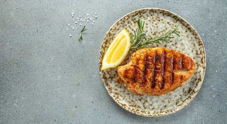 Tasty Grilled chicken fillet, Delicious breakfast or snack, Clean eating, dieting, food concept. top view.の写真素材