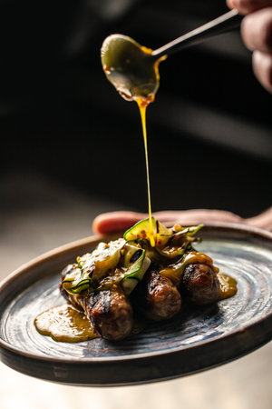 grilled sausages with sauce, Healthy fats, clean eating for weight loss. top view. place for text,の写真素材