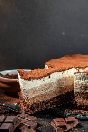 a piece of cake, three of chocolate on a dark background, vertical image. top view. place for text,の写真素材
