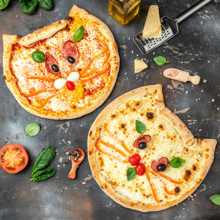 children's pizza in the shape of a cat's face on a dark background, banner, menu, recipe place for text, top view,の写真素材