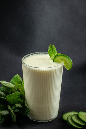 Traditional milk drink. Lassi, yogurt, ayran, kefir on a dark background, vertical image. top view. place for text.の写真素材