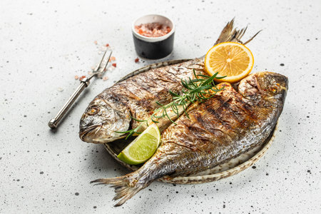 dorado. Whole grilled fish. organic healthy products. Detox and clean diet concept. place for text, top view.の写真素材