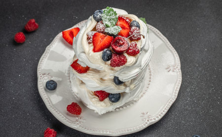 Meringue dessert Pavlova with fresh berries, cookbook recipe top view,