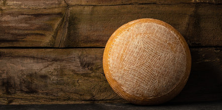 close up french hard cheese with holes emmentaler on a wooden background. farmer market. place for text.の写真素材