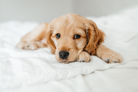 Cute playful doggy or pet Cocker Spaniel puppy dog on white bed. Funny moments of a dog.の写真素材